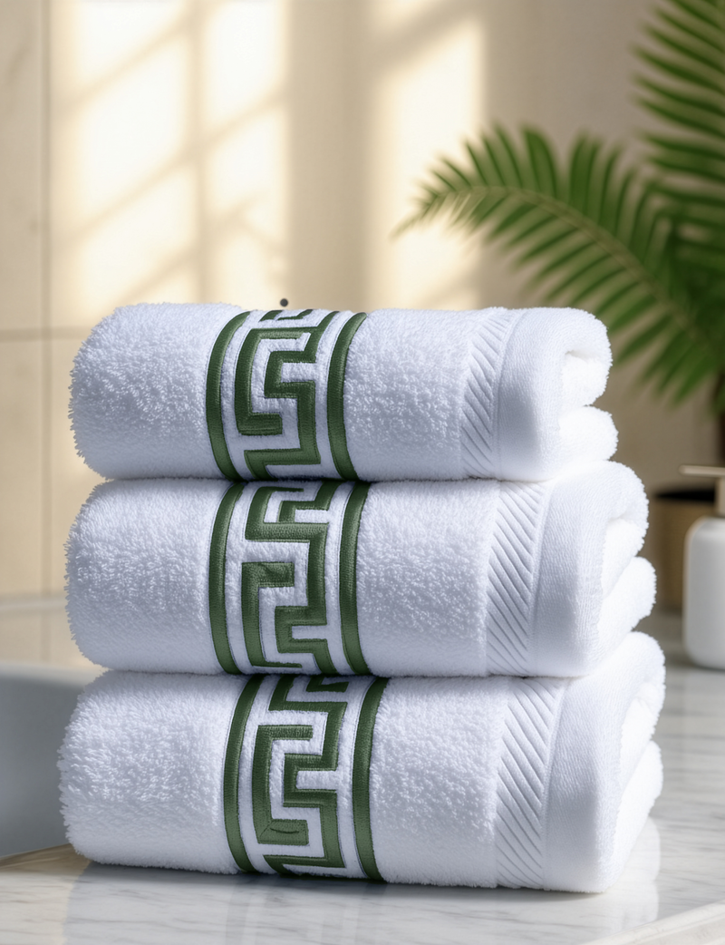 Greek Key Embroidered Towel - Green
