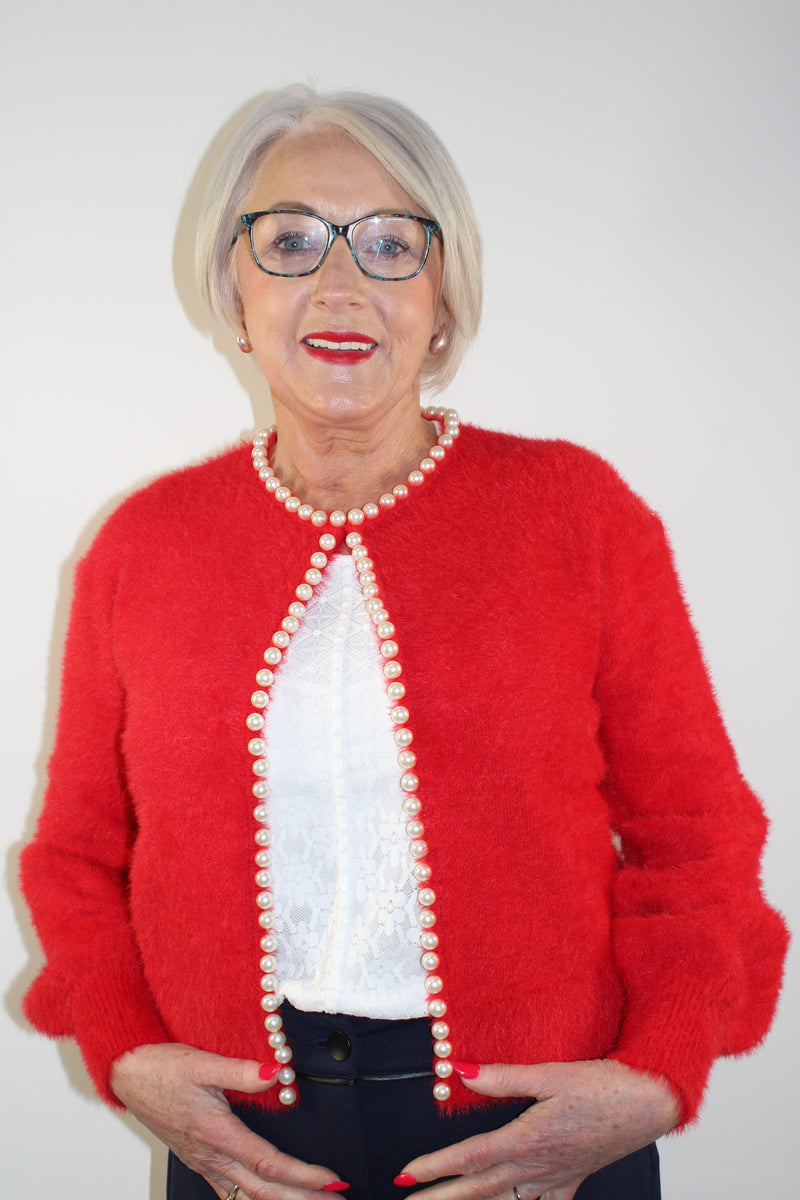 Pearl Detail Cardigan - Red