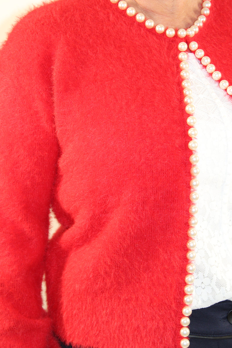 Pearl Detail Cardigan - Red