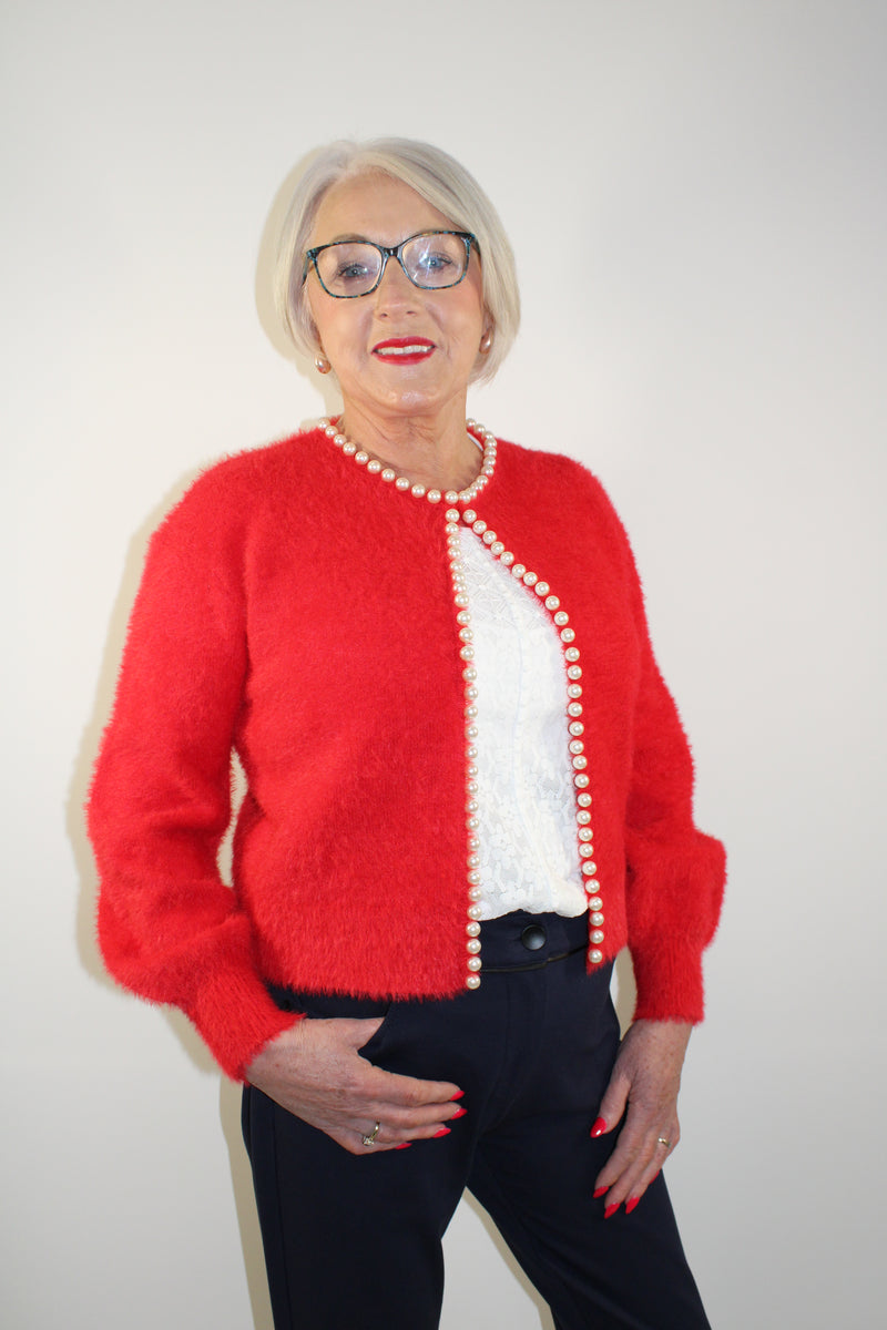 Pearl Detail Cardigan - Red