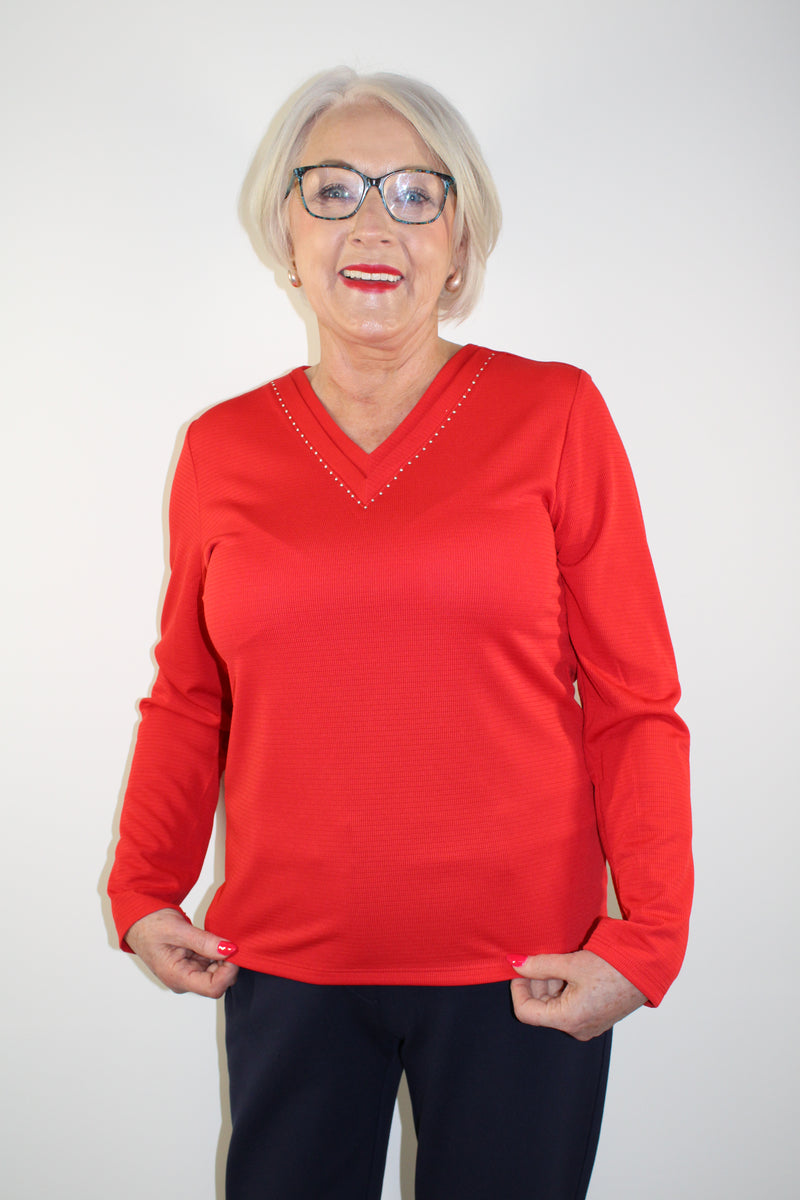 Pearl Detail V Neck Top - Red