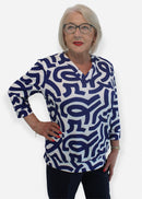 V Neck Print Blouse - Navy