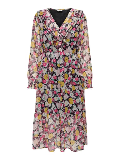 Lilli Long Sleeve Midi Dress - Black/fuchsia Purple Flower