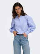Mio Mandarin Collar Stripe Shirt - Pale Iris White & Tibetan Red