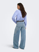 Mio Mandarin Collar Stripe Shirt - Pale Iris White & Tibetan Red