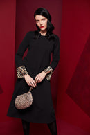 Animal Cuff Flare Dress - Black/camel
