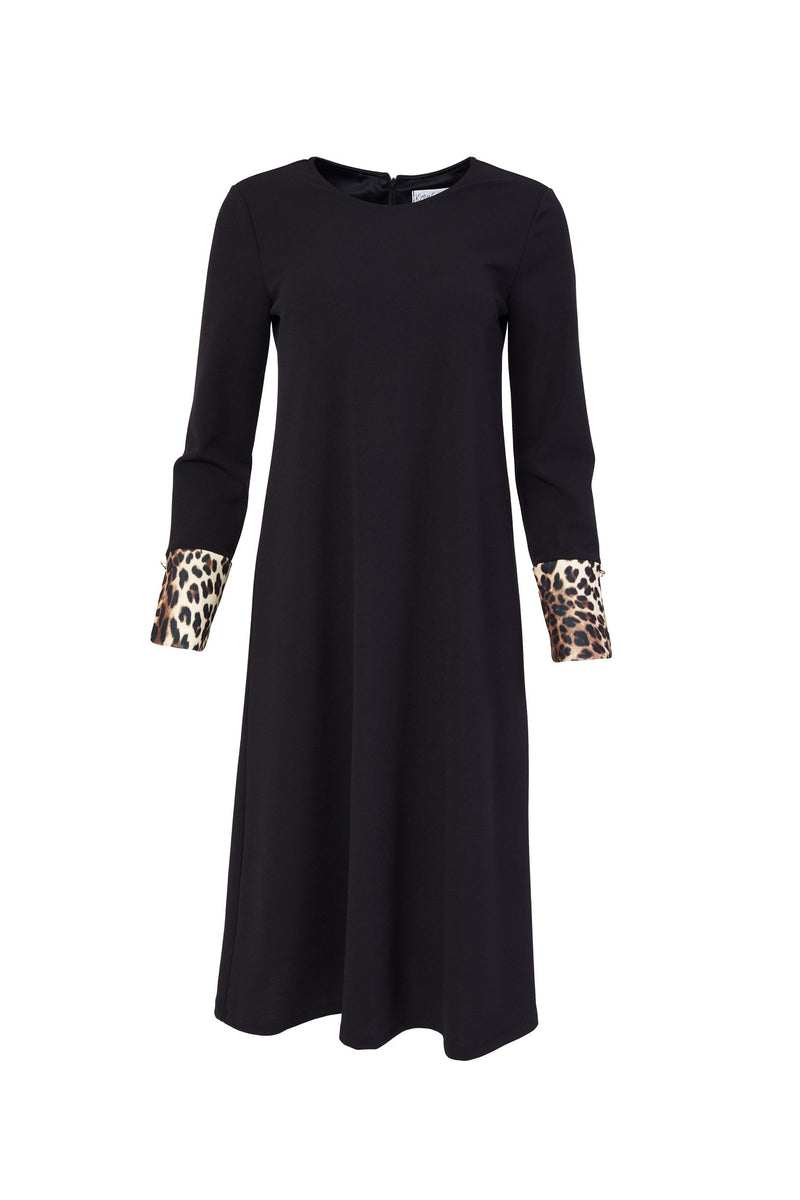 Animal Cuff Flare Dress - Black/camel