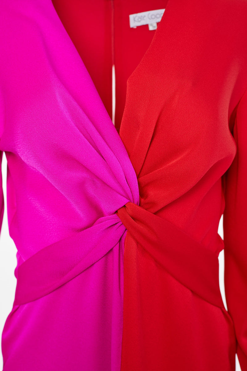 2 Tone Gather Waist Dress - Red/pink