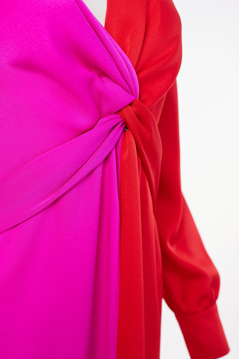 2 Tone Gather Waist Dress - Red/pink