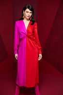 2 Tone Gather Waist Dress - Red/pink