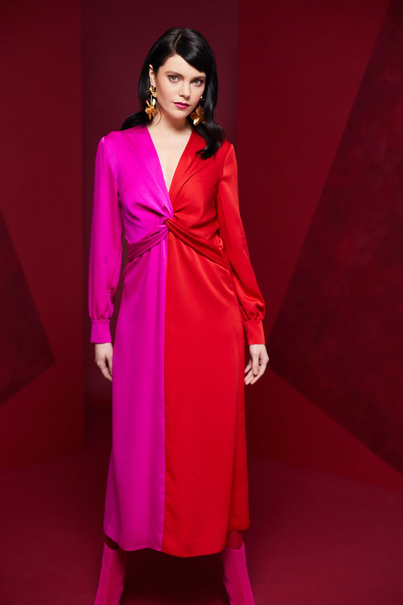 2 Tone Gather Waist Dress - Red/pink