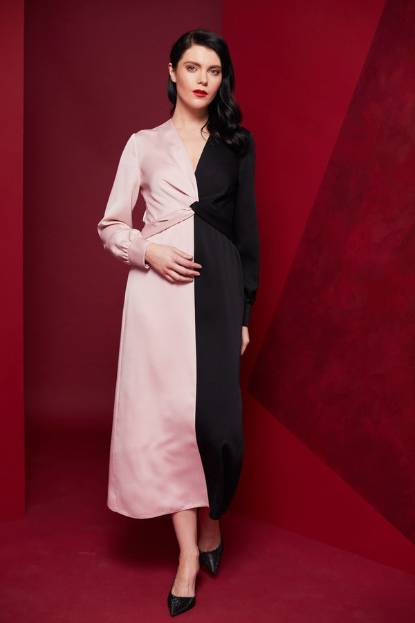 2 Tone Gather Waist Dress - Shell/black