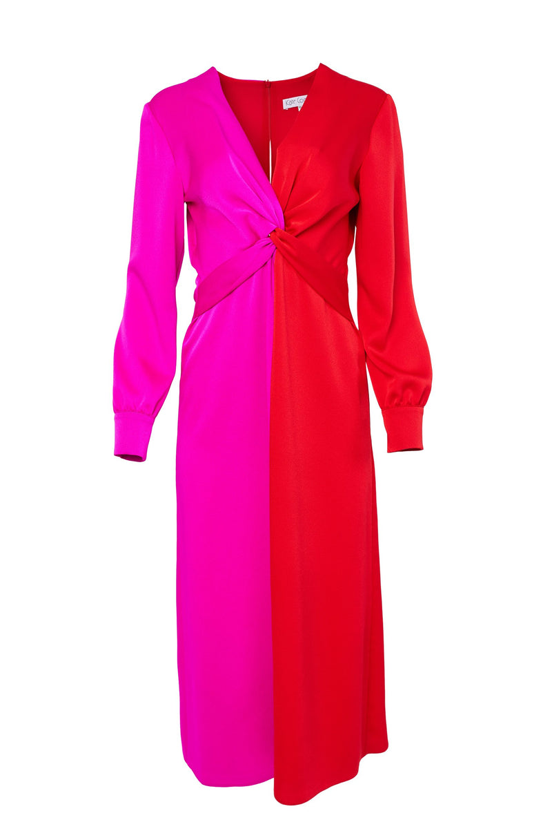 2 Tone Gather Waist Dress - Red/pink