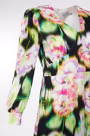 V Neck Print Dress - Black/lime