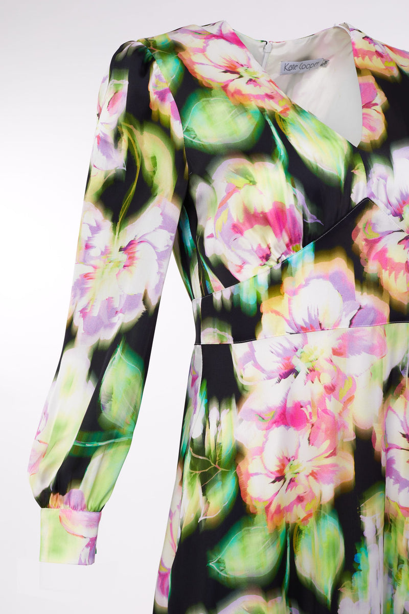 V Neck Print Dress - Black/lime