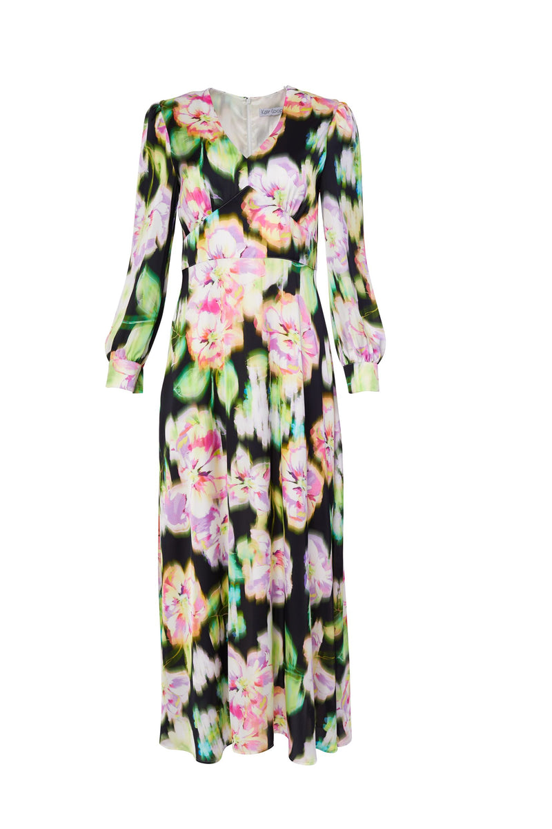 V Neck Print Dress - Black/lime