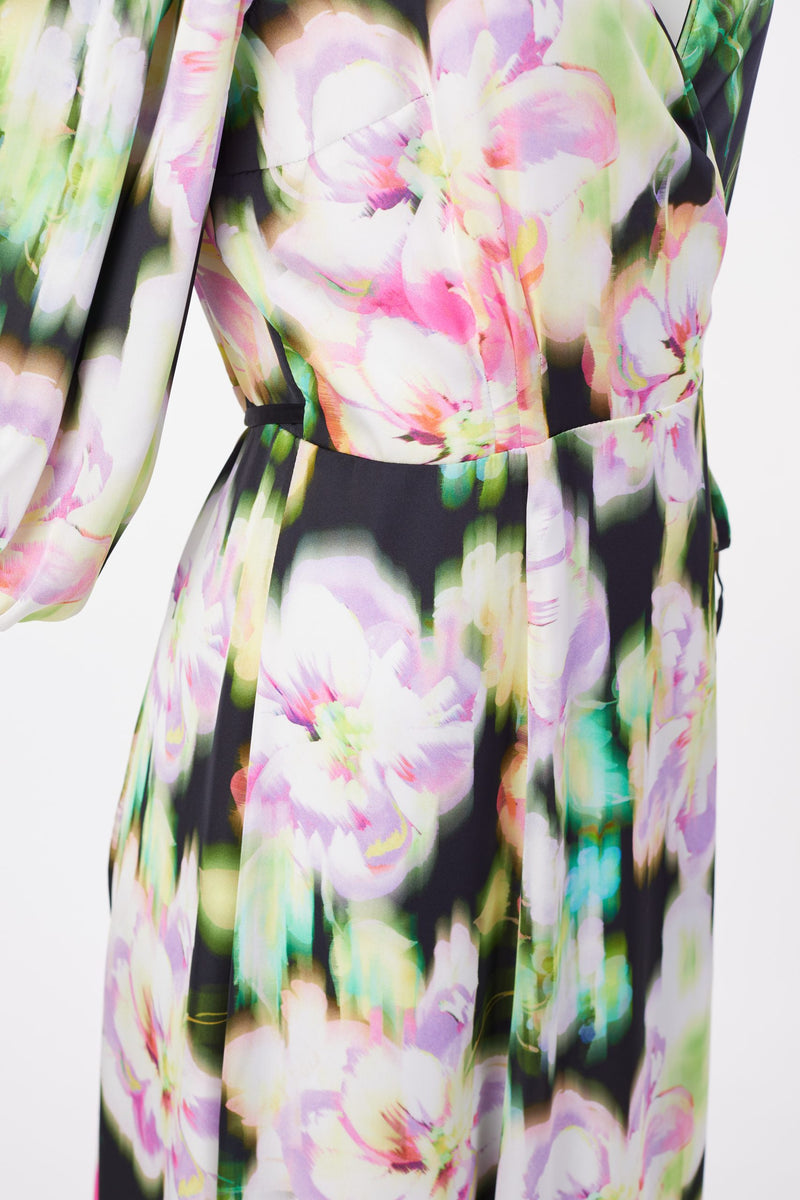 Puff Ball Sleeve Wrap Dress - Black/lime