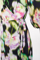 Puff Ball Sleeve Wrap Dress - Black/lime