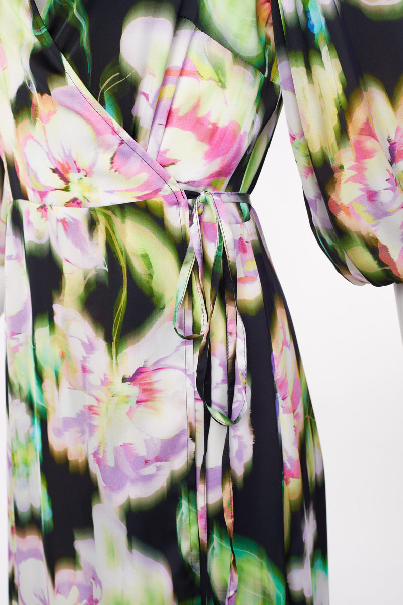 Puff Ball Sleeve Wrap Dress - Black/lime