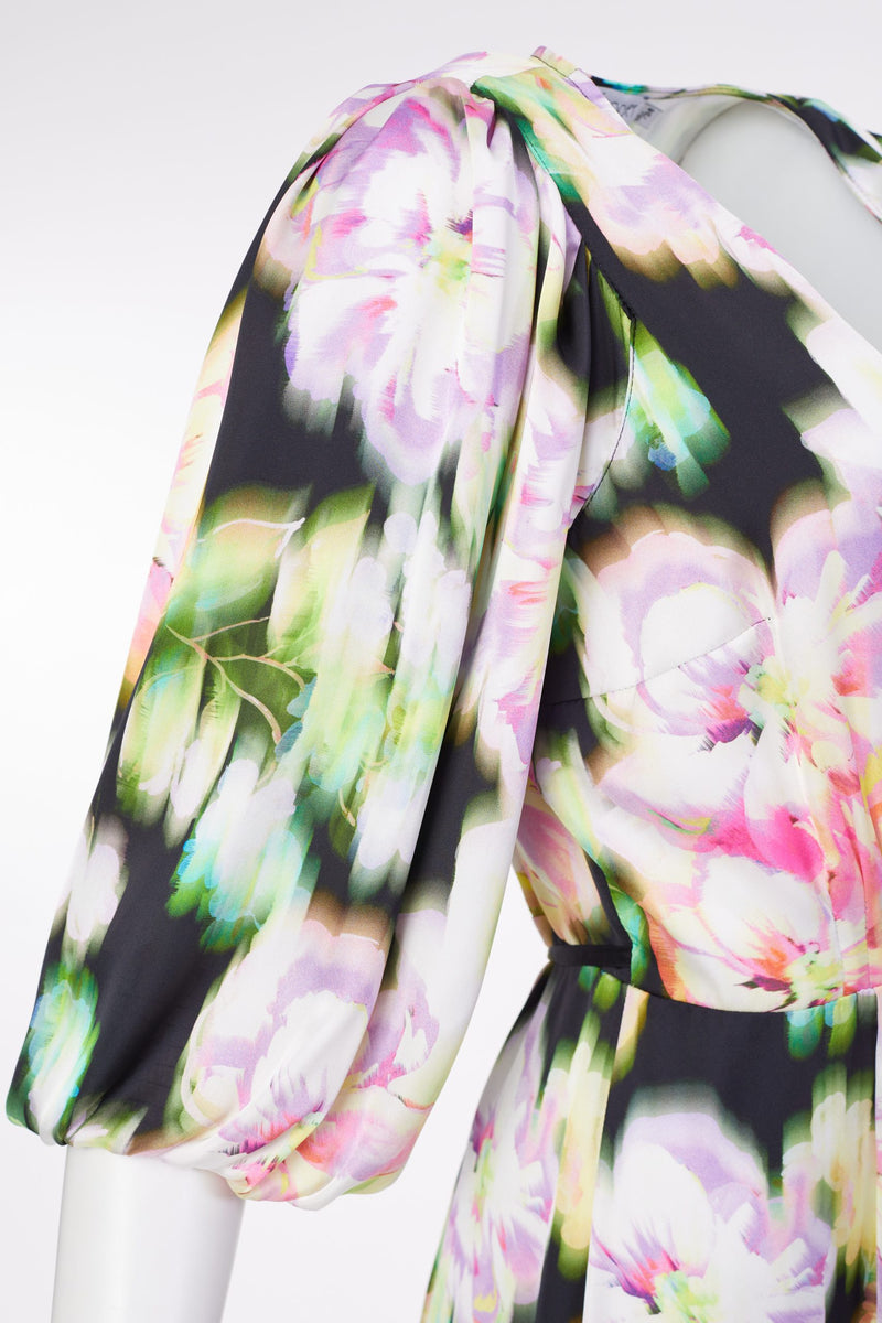 Puff Ball Sleeve Wrap Dress - Black/lime