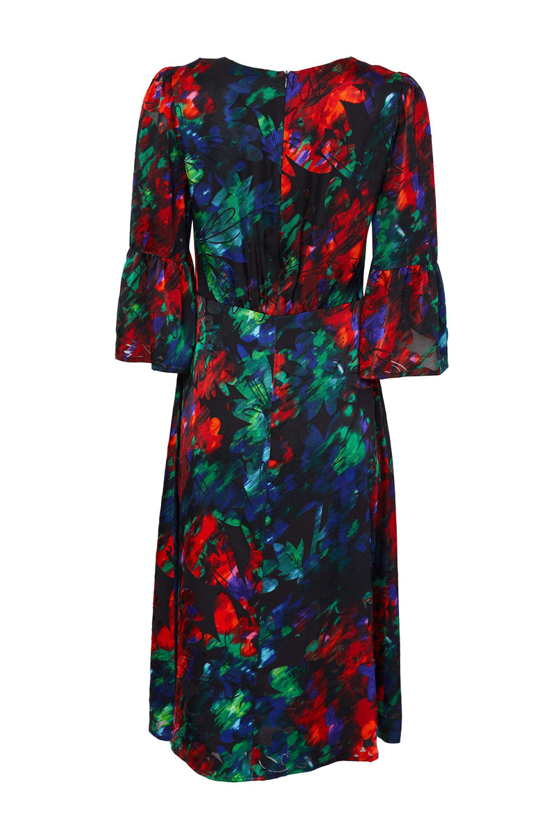 Frill Sleeve Flower Dress - Red/kelly Green