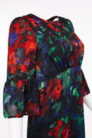 Frill Sleeve Flower Dress - Red/kelly Green