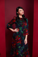 Frill Sleeve Flower Dress - Red/kelly Green