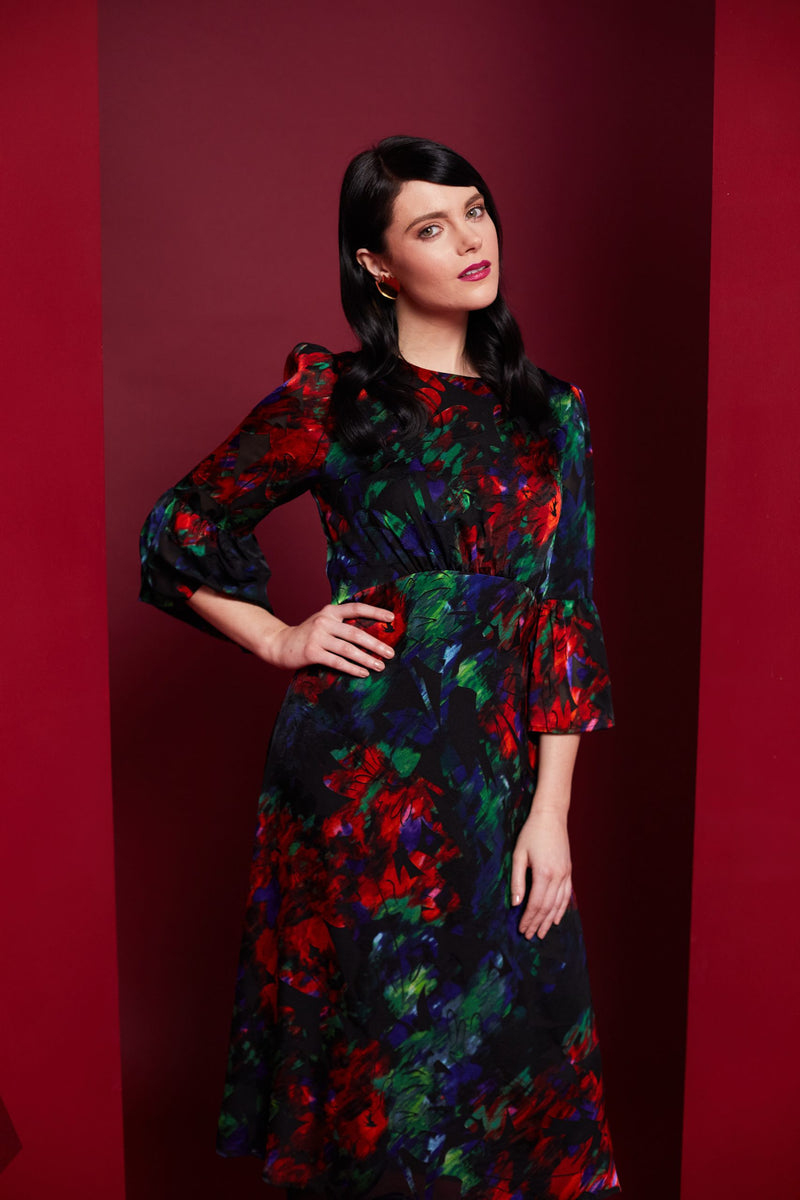 Frill Sleeve Flower Dress - Red/kelly Green