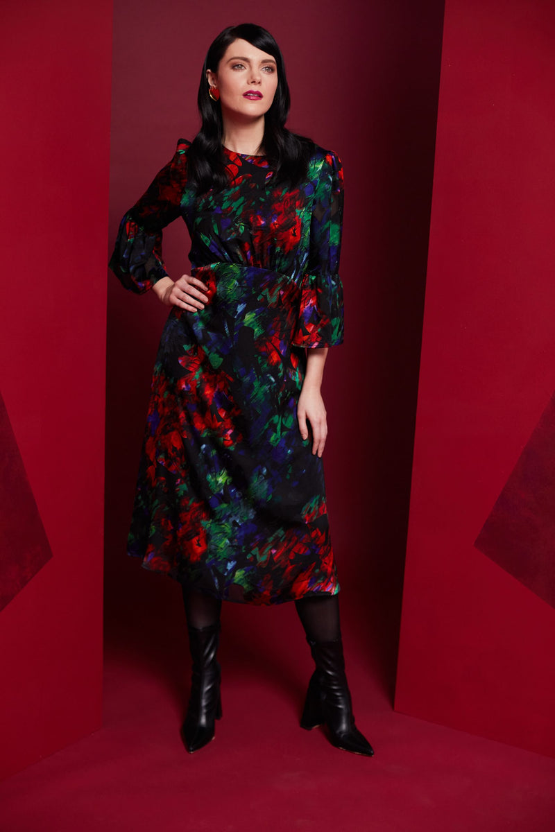 Frill Sleeve Flower Dress - Red/kelly Green