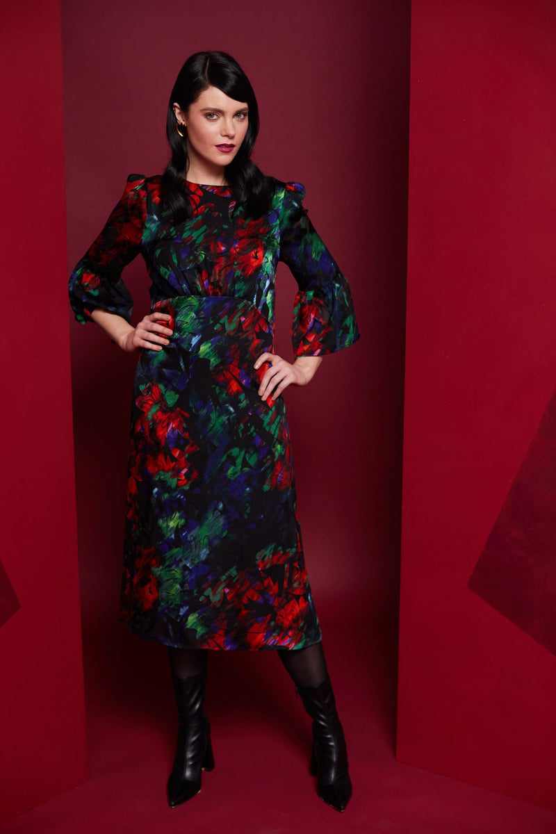 Frill Sleeve Flower Dress - Red/kelly Green