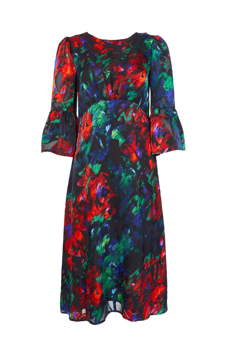 Frill Sleeve Flower Dress - Red/kelly Green