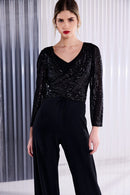 V Neck Wrap Jumpsuit - Black