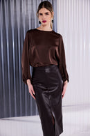 Satin Round Neck Top - Choc