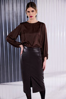 Leatherette Straight Skirt - Choc