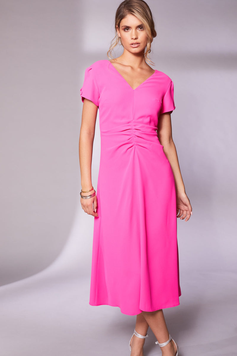 Gathered Waist V Neck Dress - Watermelon