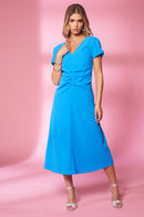 Gathered Waist V Neck Dress - Damson