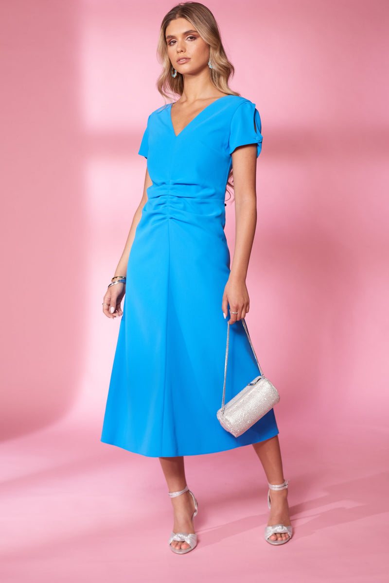 Gathered Waist V Neck Dress - Damson