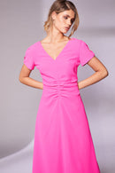 Gathered Waist V Neck Dress - Watermelon