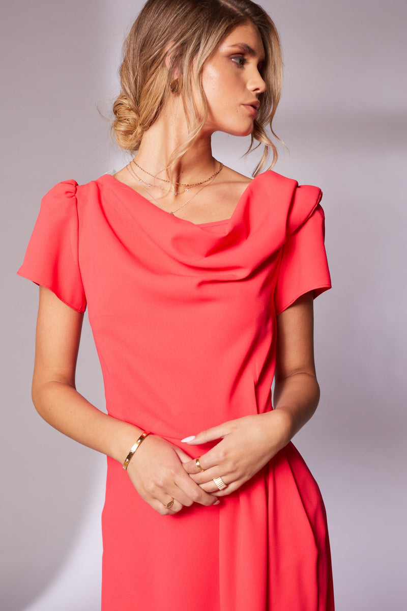 Pleat Waist Drape Neck Dress - Chilli
