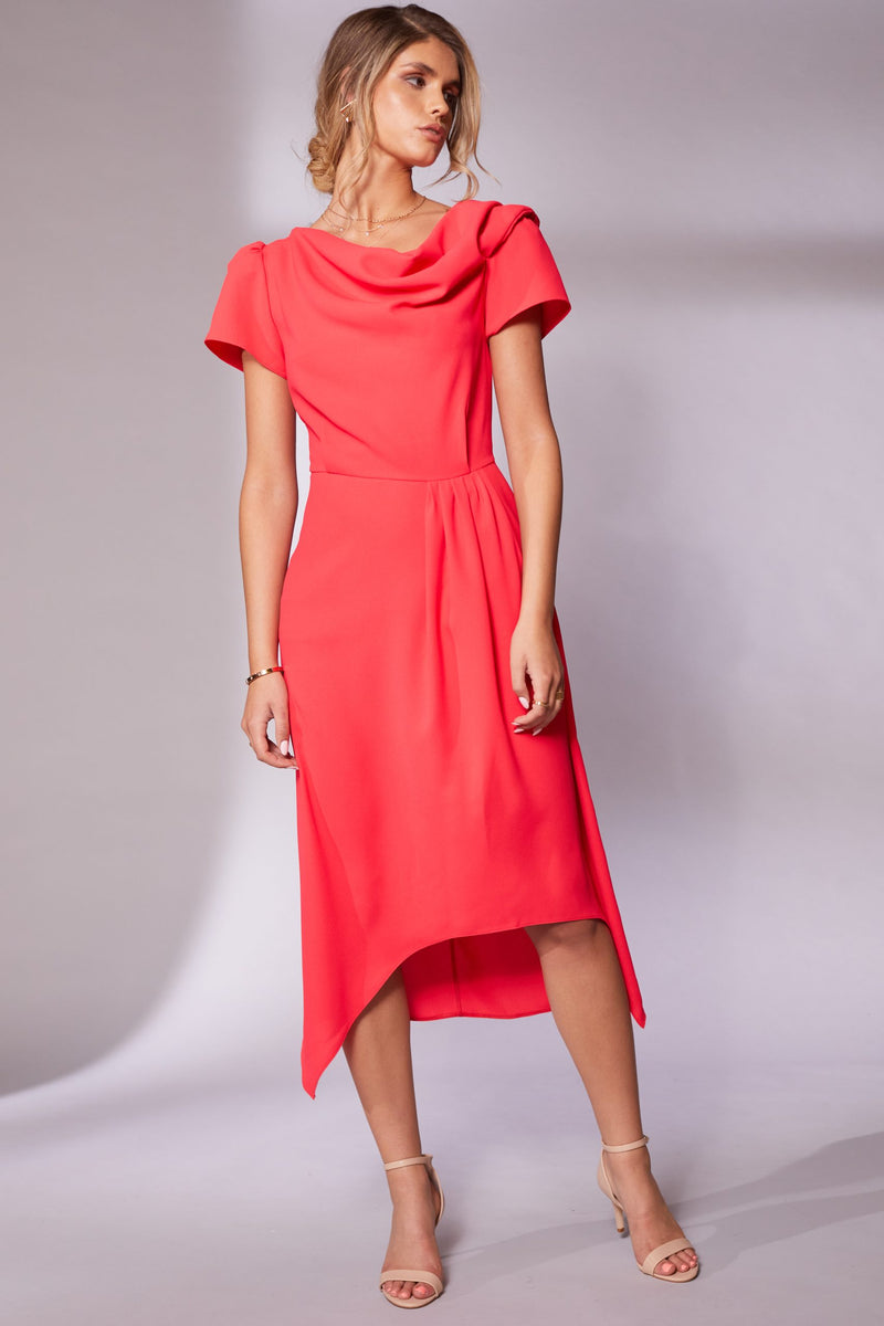 Pleat Waist Drape Neck Dress - Chilli