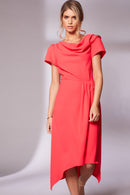 Pleat Waist Drape Neck Dress - Chilli