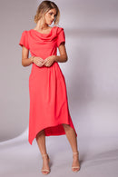 Pleat Waist Drape Neck Dress - Chilli