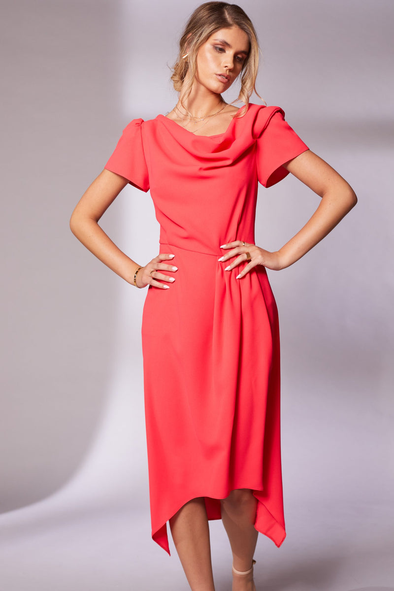 Pleat Waist Drape Neck Dress - Chilli