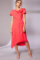 Pleat Waist Drape Neck Dress - Chilli