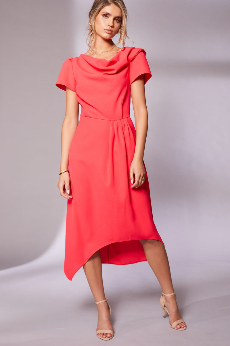 Pleat Waist Drape Neck Dress - Chilli