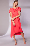 Pleat Waist Drape Neck Dress - Chilli