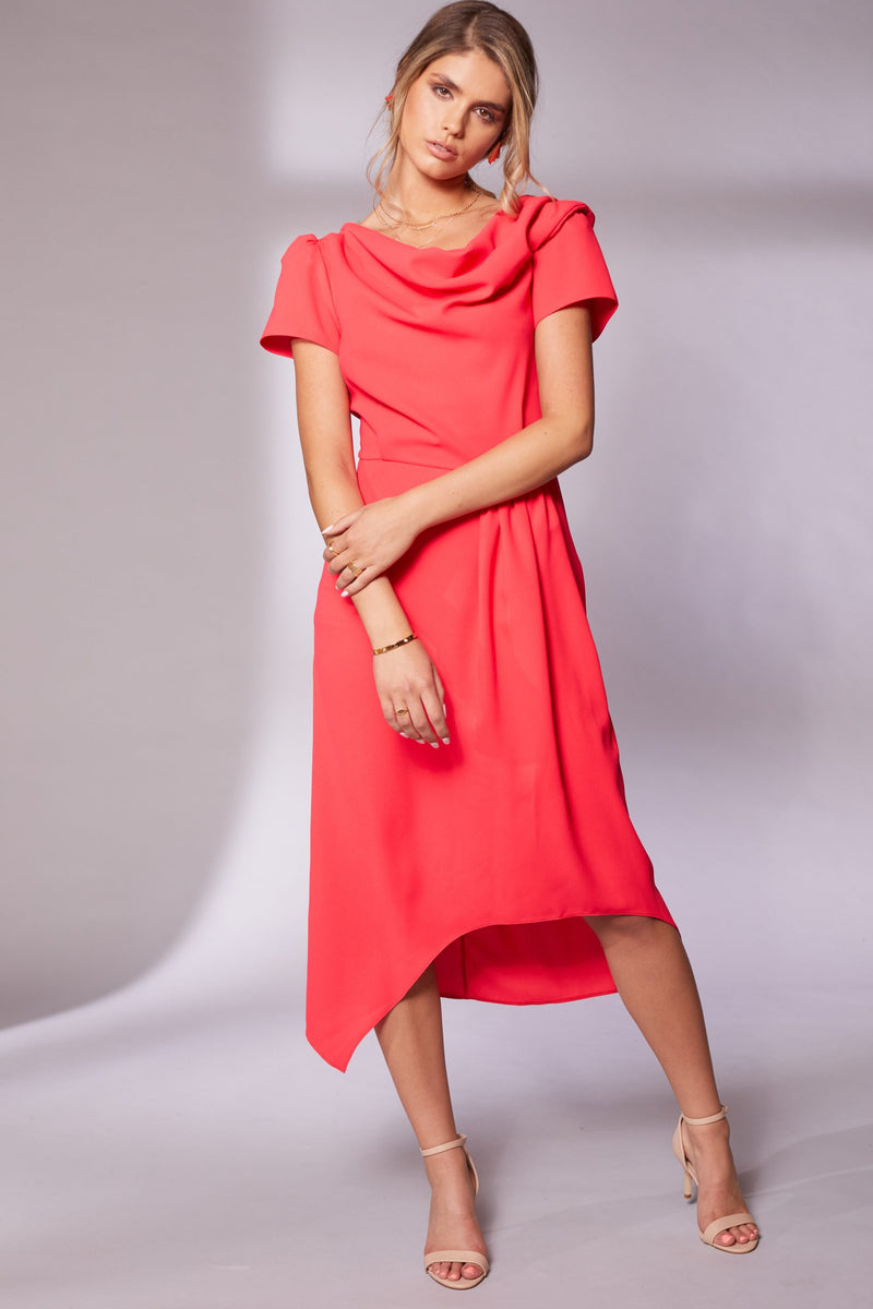 Pleat Waist Drape Neck Dress - Chilli