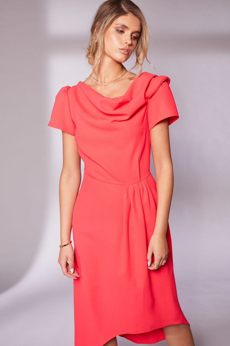 Pleat Waist Drape Neck Dress - Chilli
