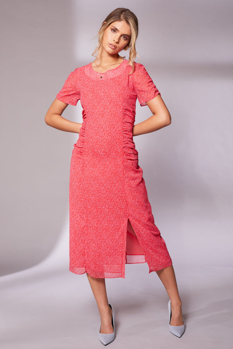 Gathered Sides Print Dress - Chilli