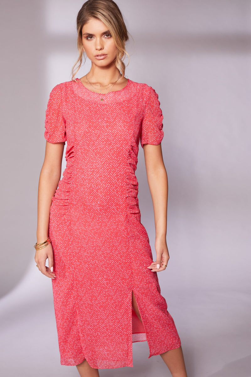Gathered Sides Print Dress - Chilli
